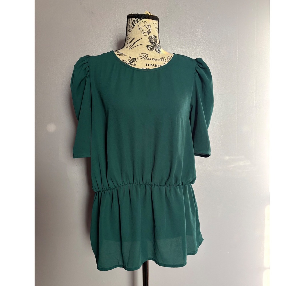 Emerald Green Puff Sleeve Peplum Blouse Top Medium Keyhole Back Banana‎ Republic